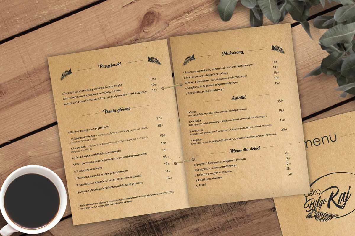 menu restauracji na papierze eko